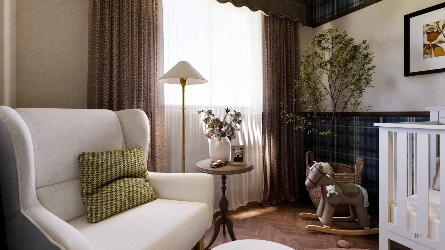 Sillón y caballito de madera junto a la cuna en la habitación infantil