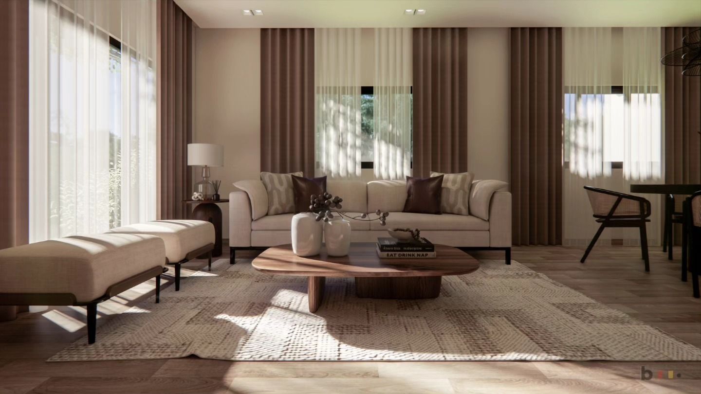 Sala en tonos neutros cálidos con luz natural