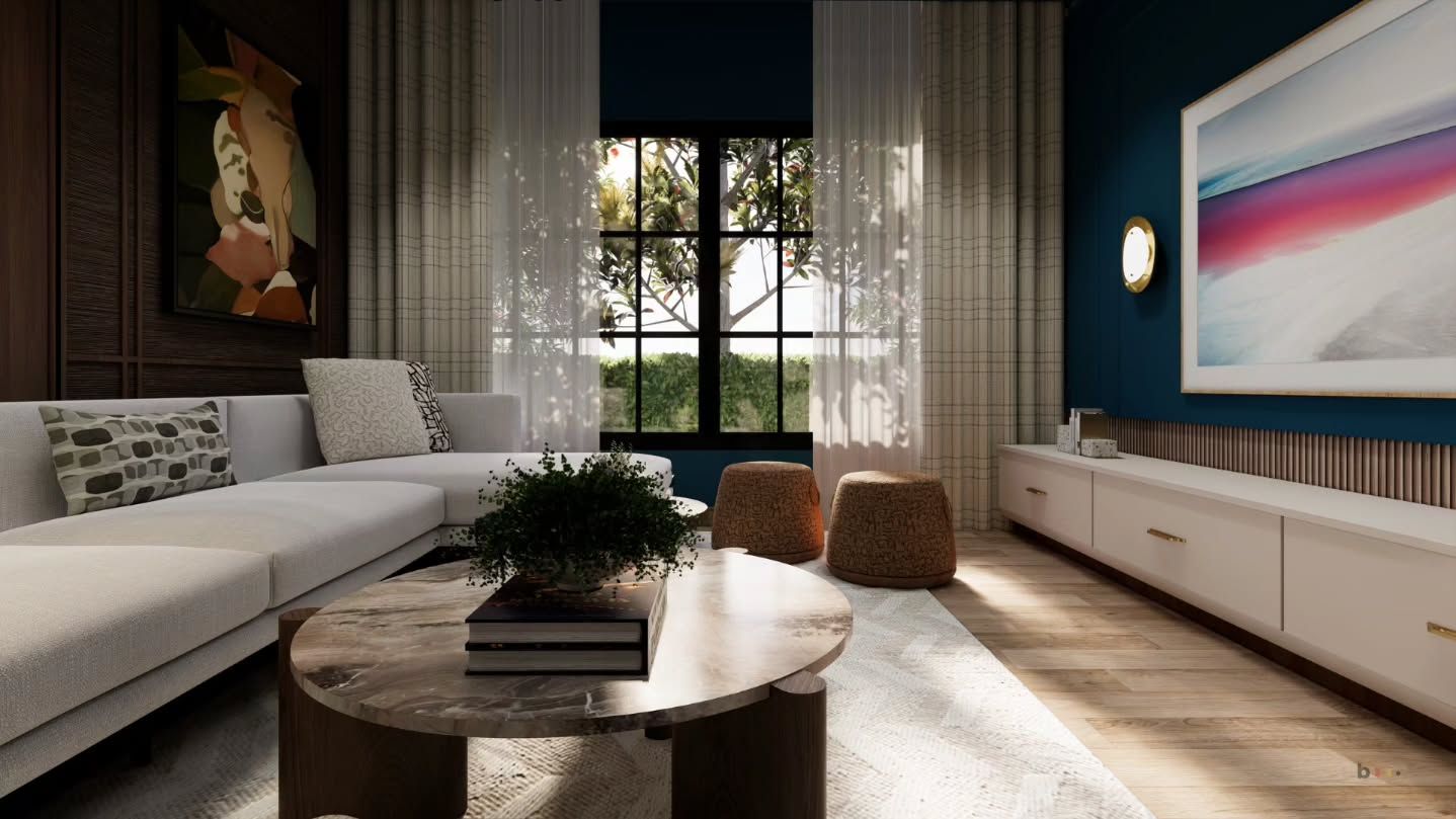 Sala estilo mid-century con mobiliario de líneas limpias